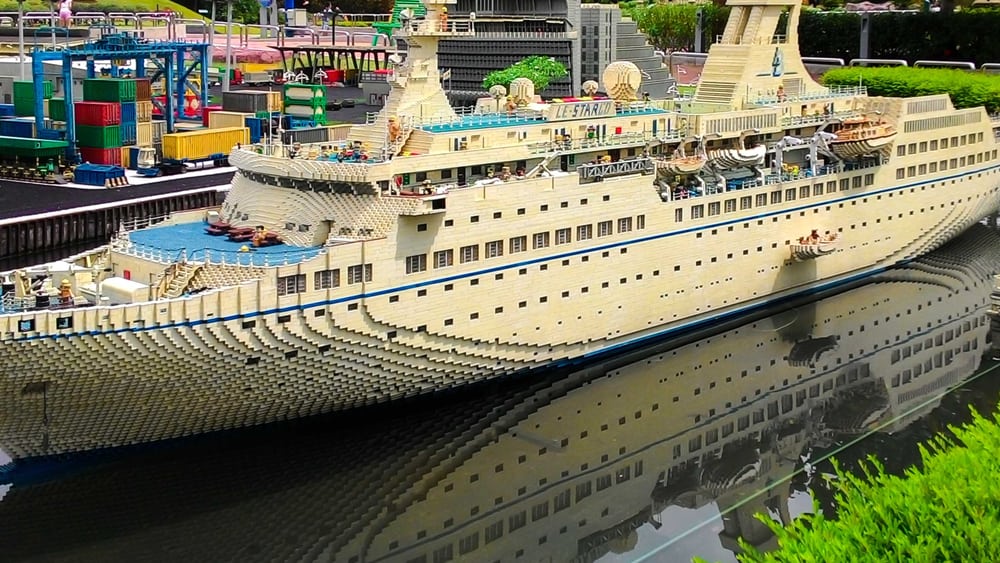 This is a close look at a huge white luxury liner made of lego.