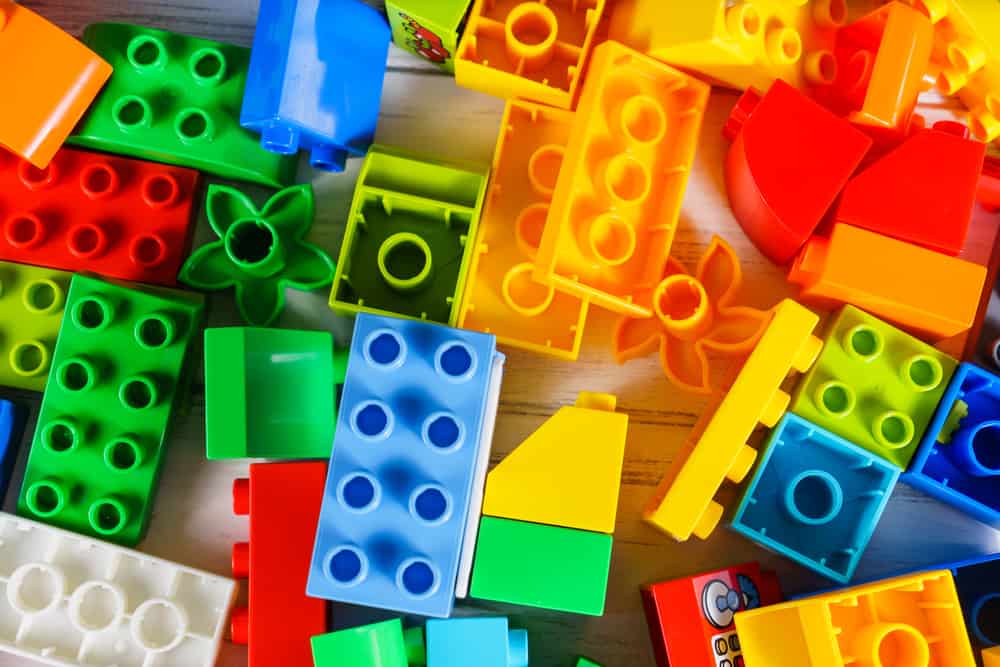 This is a close look at various colorful pieces of lego.