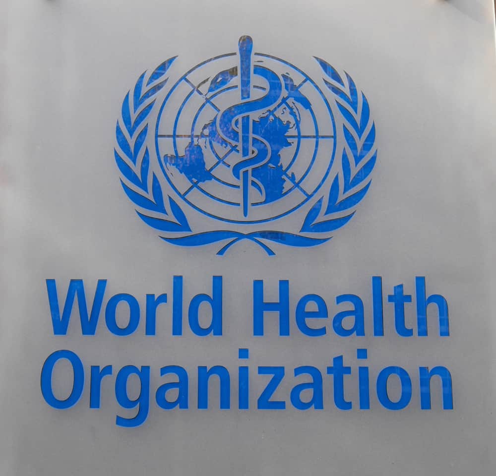 This is a close look at the signage and logo of the World Health Organization.