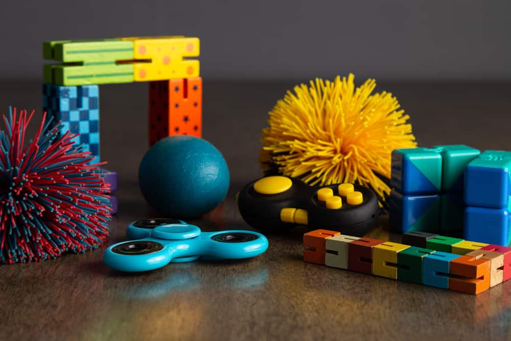 This is a close look at various fidget toys.