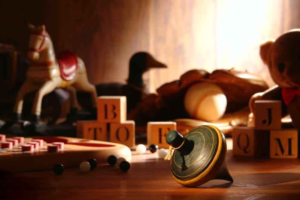 This is a close look at a bunch of vintage toys in storage.