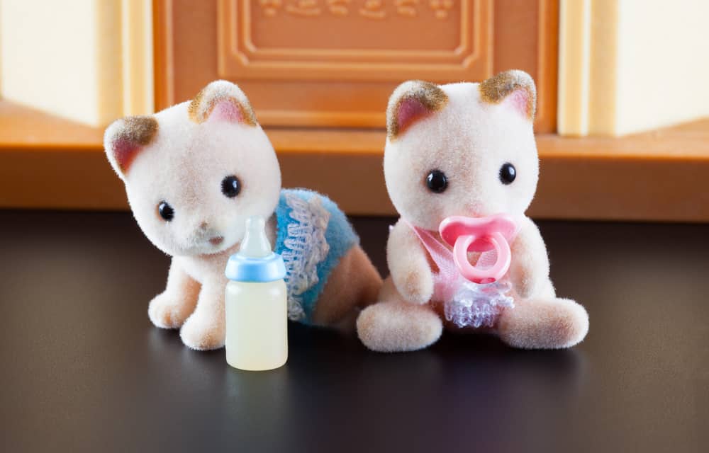 Sylvanian kittens sitting in front of their house.