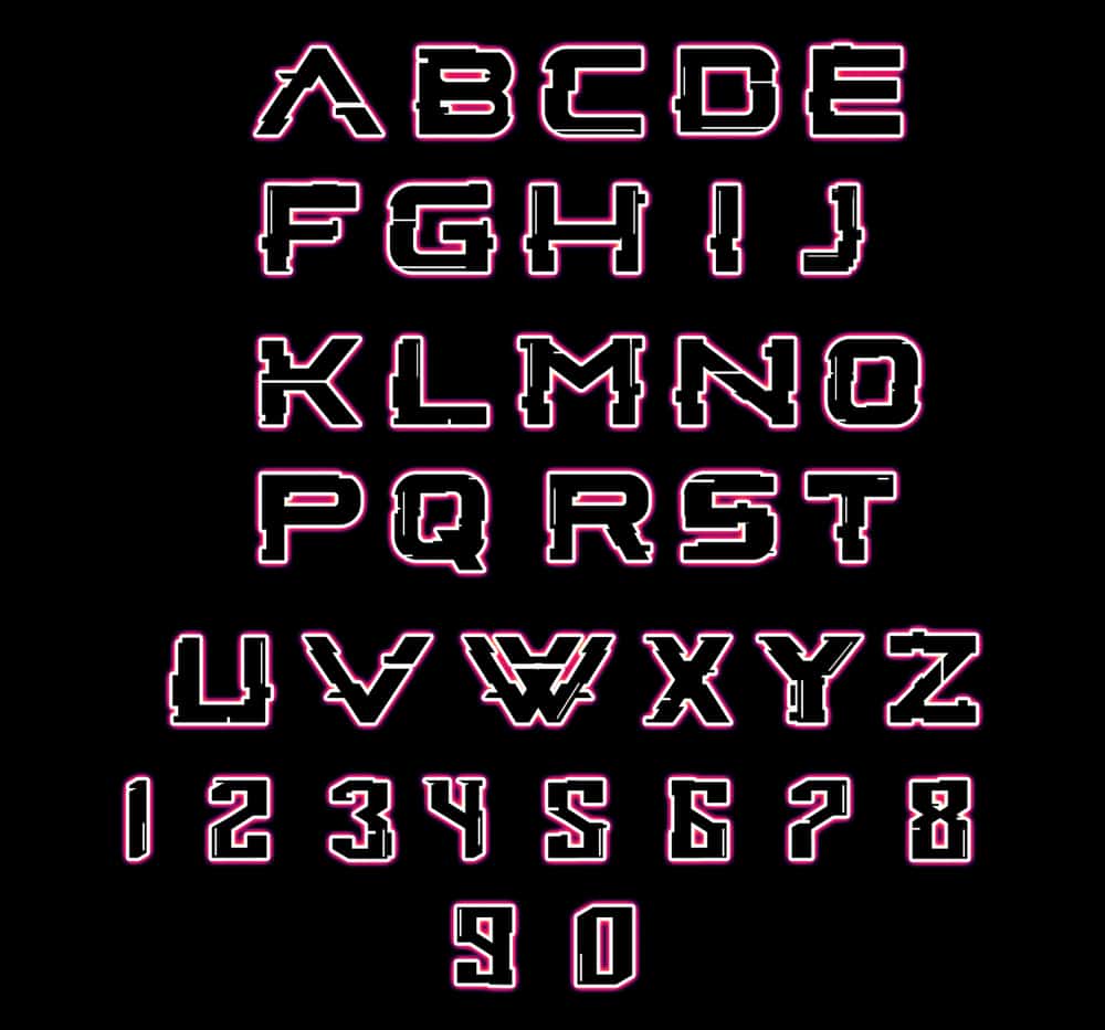Letters and numbers in a glowing glitchy  font.