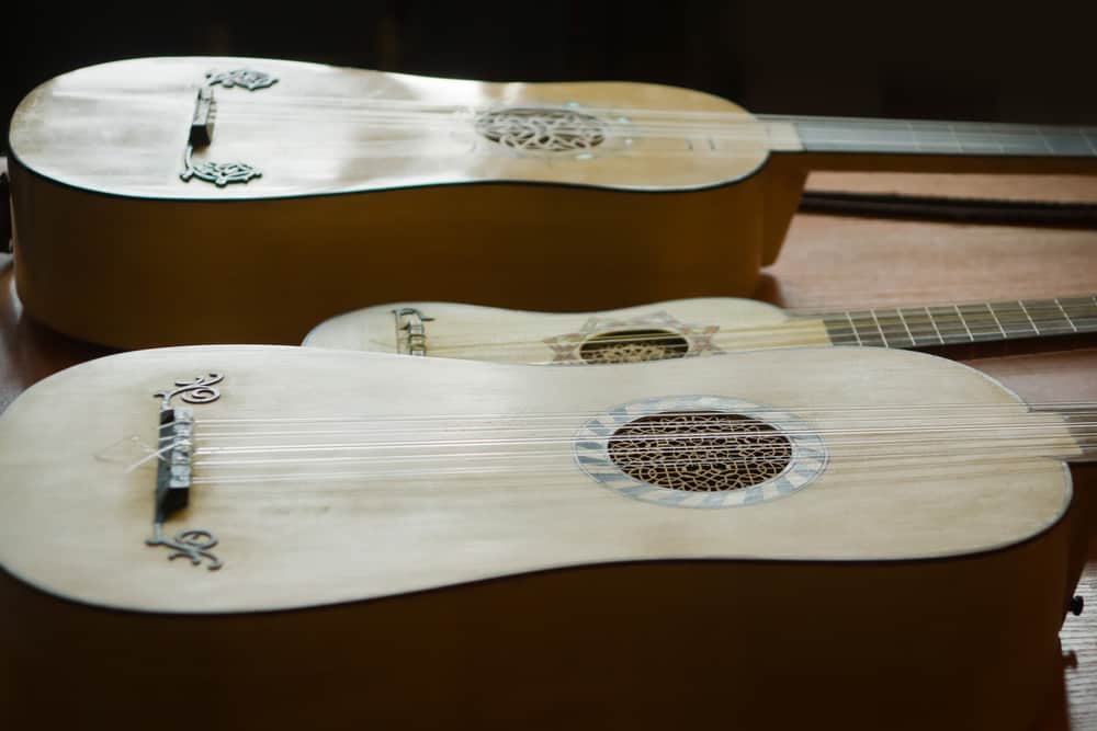 This is a close look at baroque guitars with intricate details.