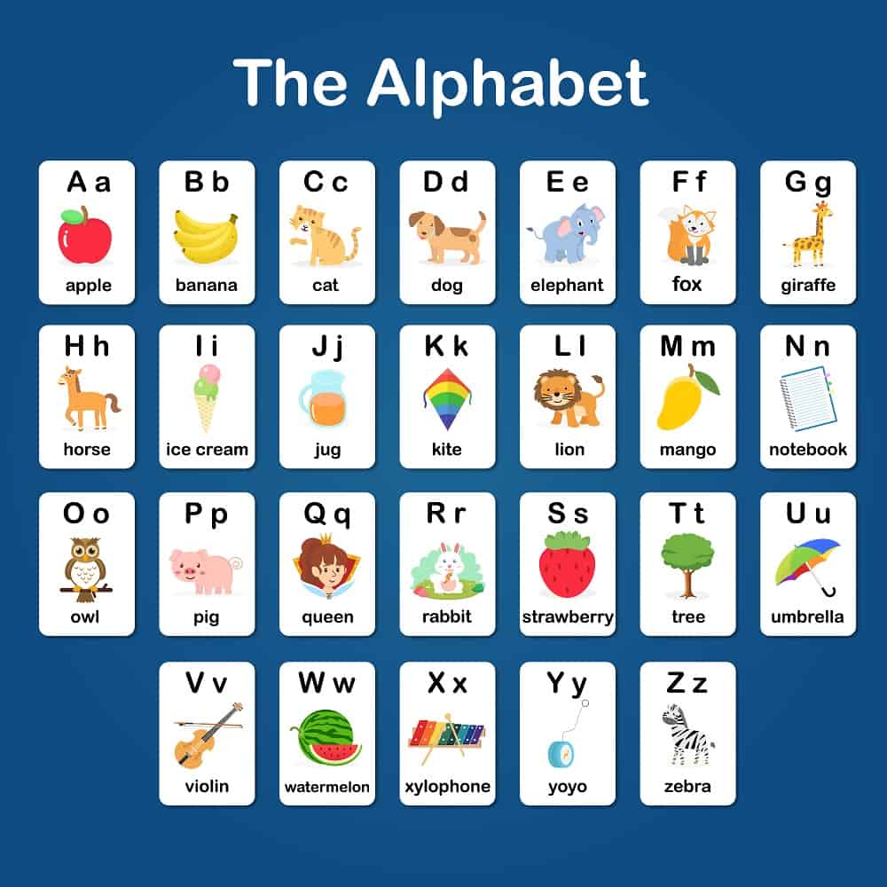 Alphabet flash cards with colorful pictures.
