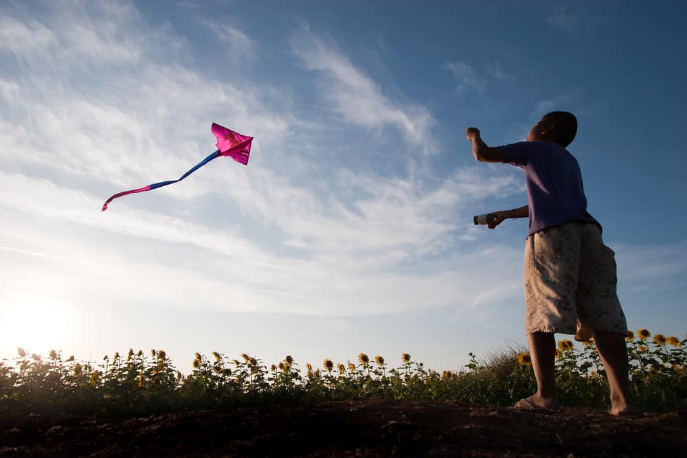 A boy flying a kite during sunset.
