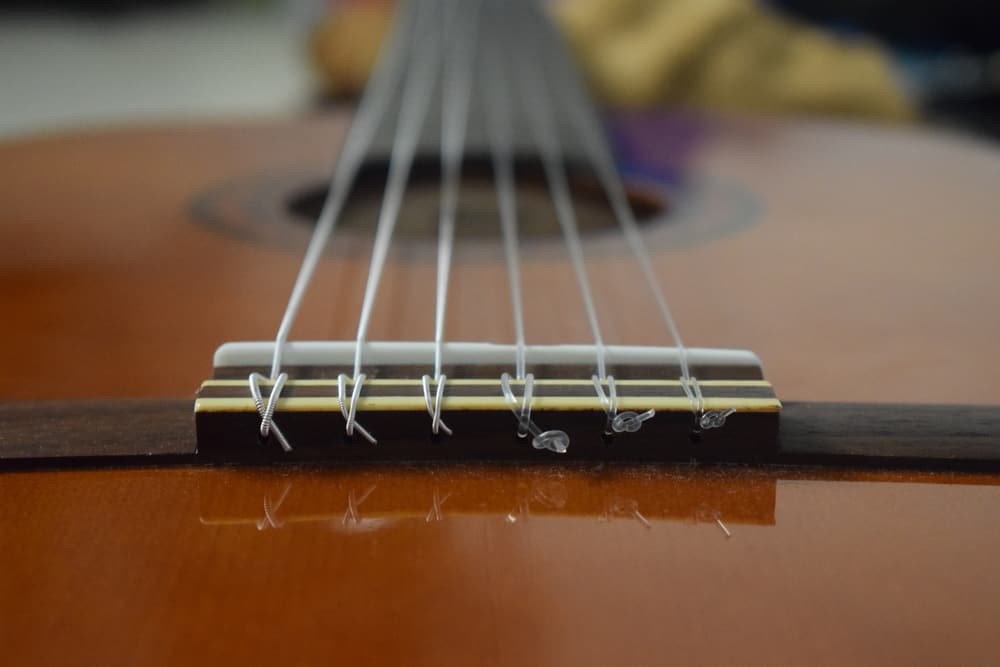 A close look at the nylon strings of an acoustic guitar.