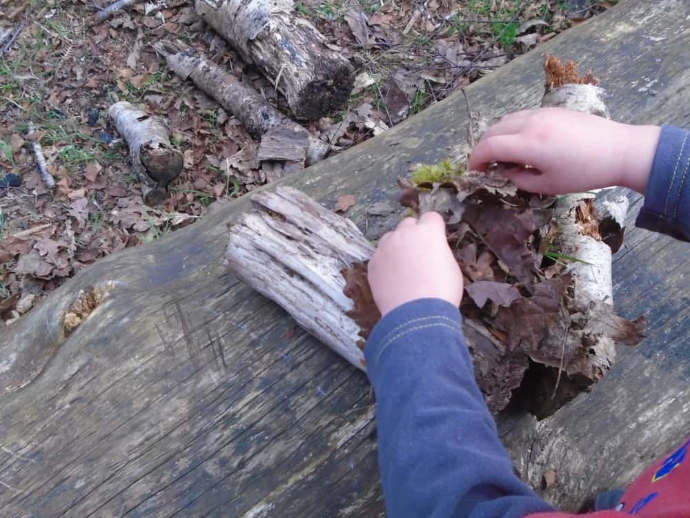 A close look at a kid making a bird's nest.
