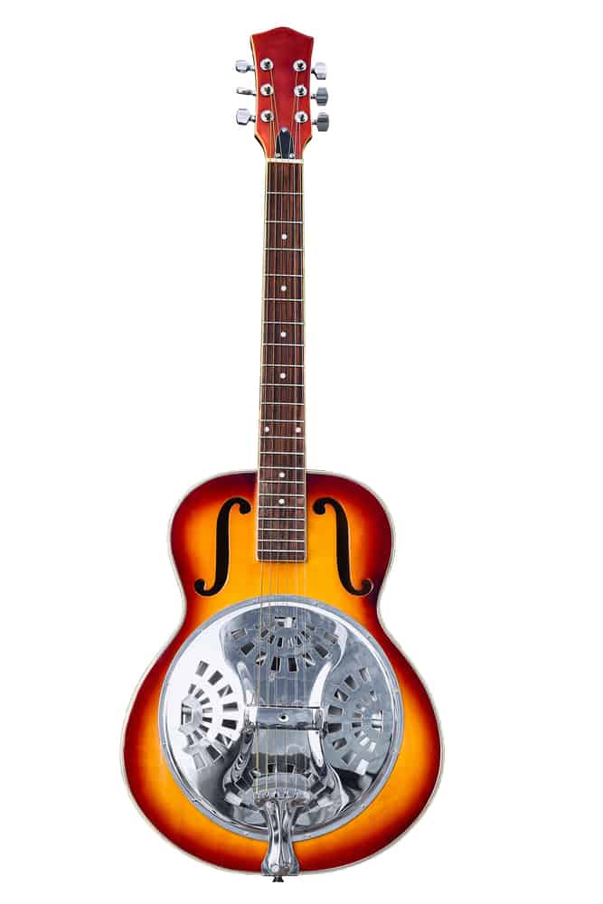 This is a close look at the classic resonator guitar.