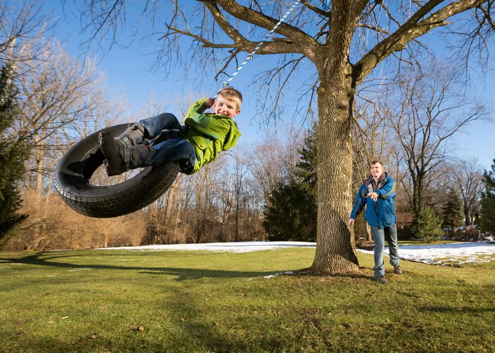 A father and son playing on the tire swing.