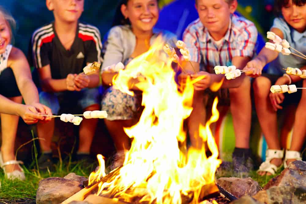 Kids roasting marshmallows on campfire.