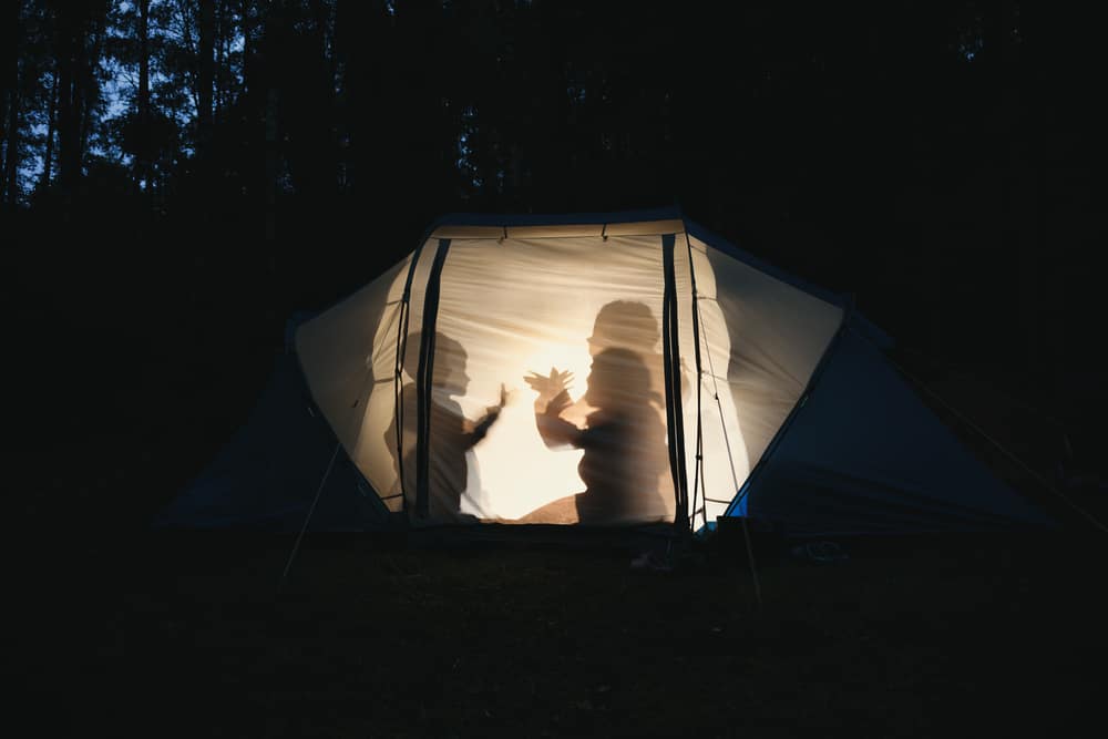 Silhouettes of children making shadow puppets in camping tent.