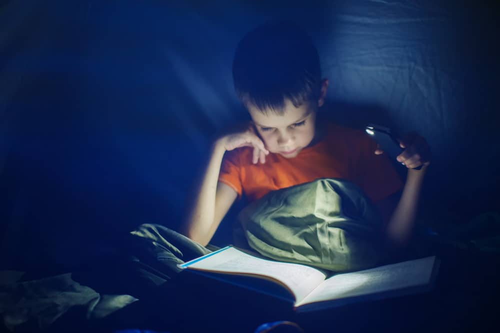 Boy reading inside a tent.