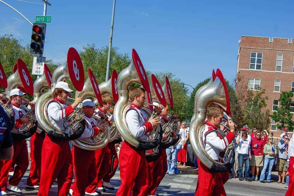 Marching band playing sousaphone.
