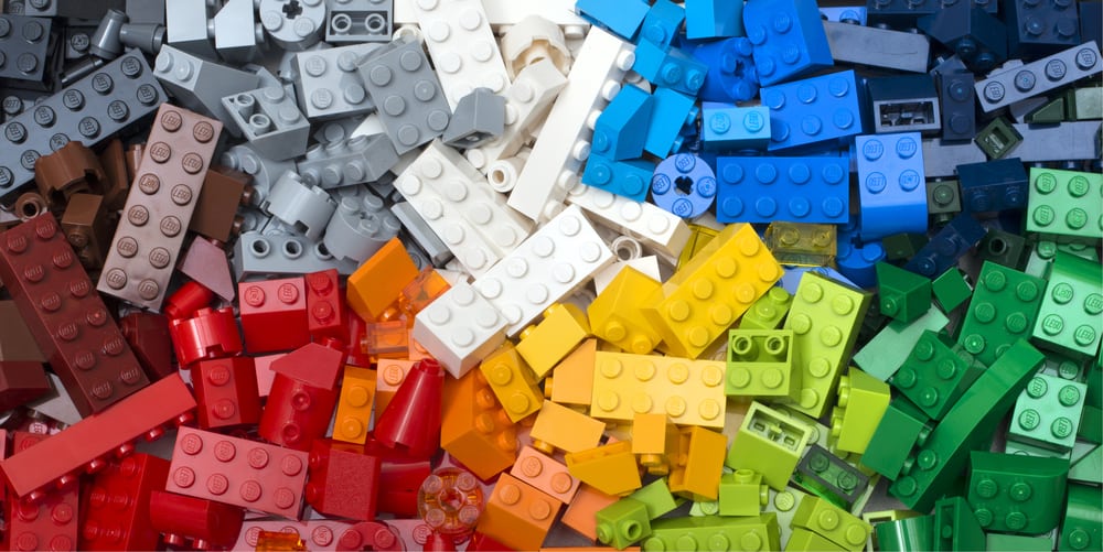 This is a close look at a collection of colorful Lego pieces.