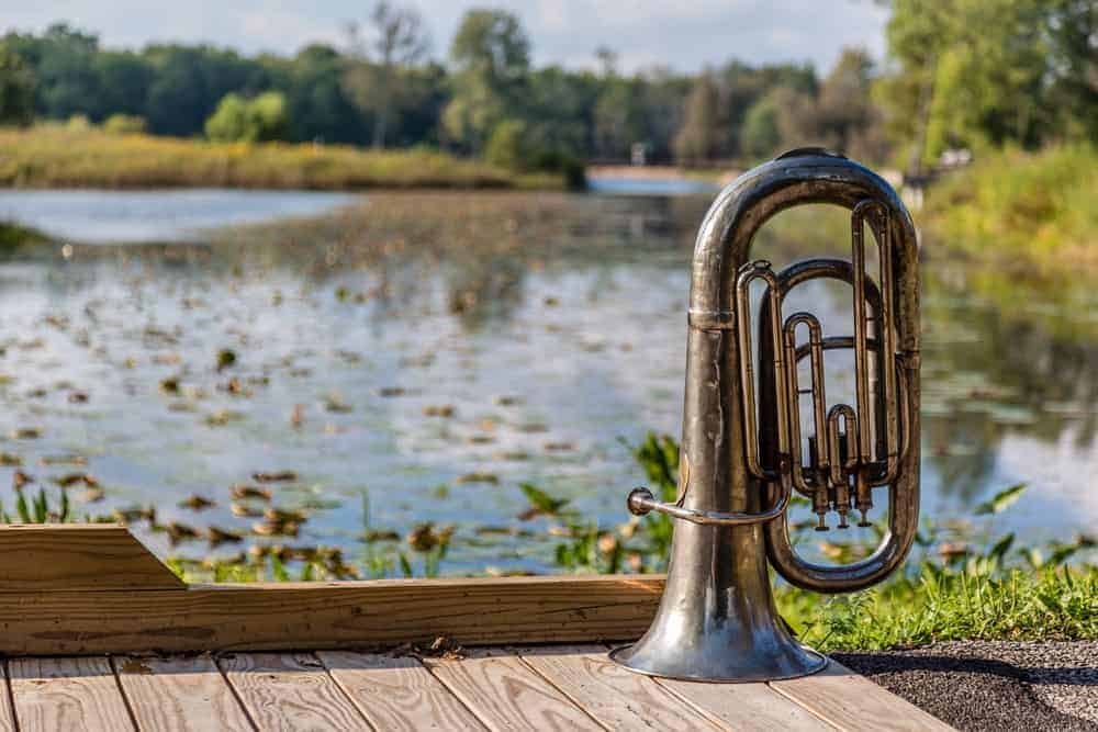 Upright tuba on a wooden surface near a body of water.