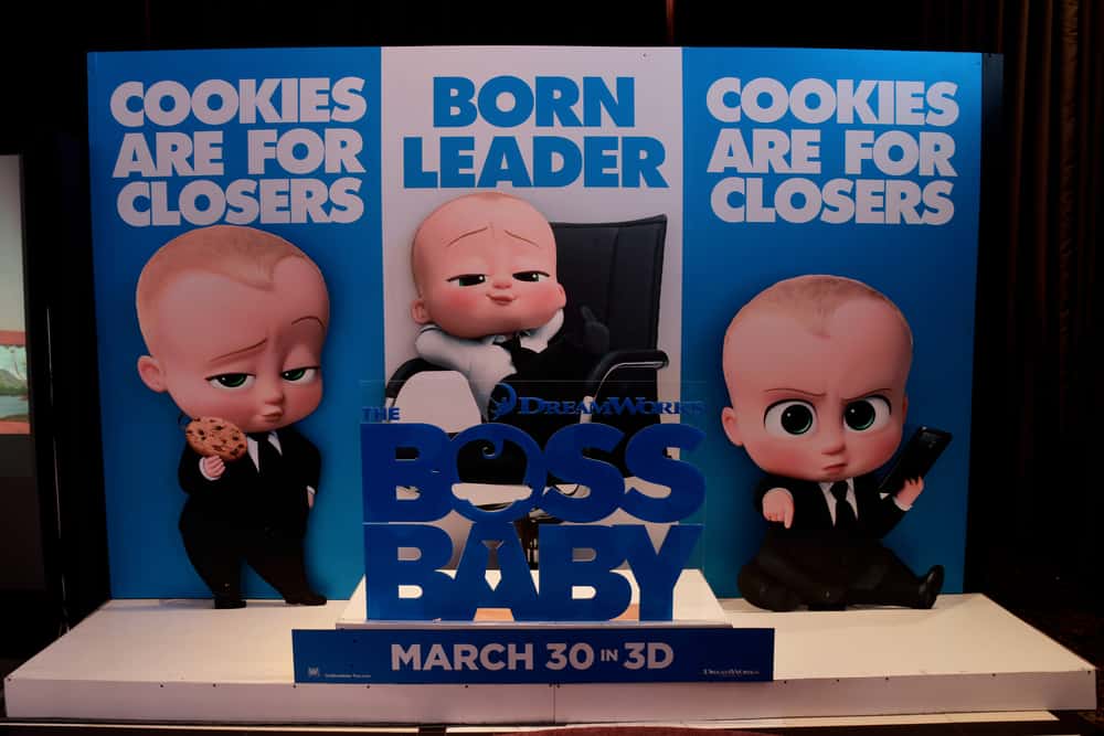 This is a close look at the Boss Baby movie poster outside the cinema.