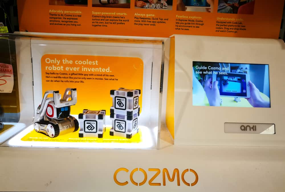A display of the interactive toy Cozmo in a convention. Toys similar to Cozmo.