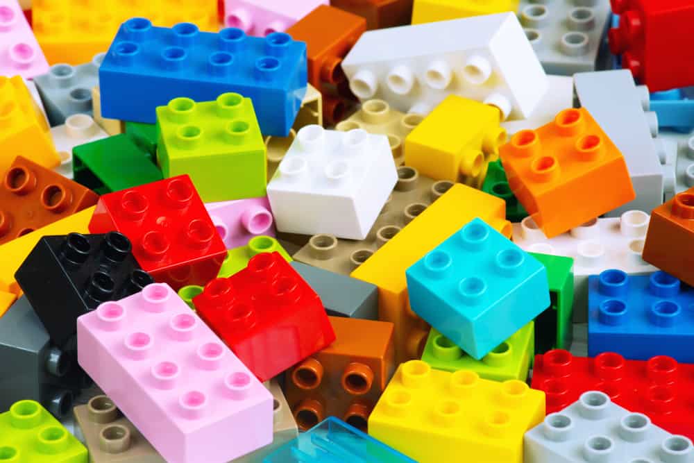 This is a close look at colorful Lego Duplo bricks.