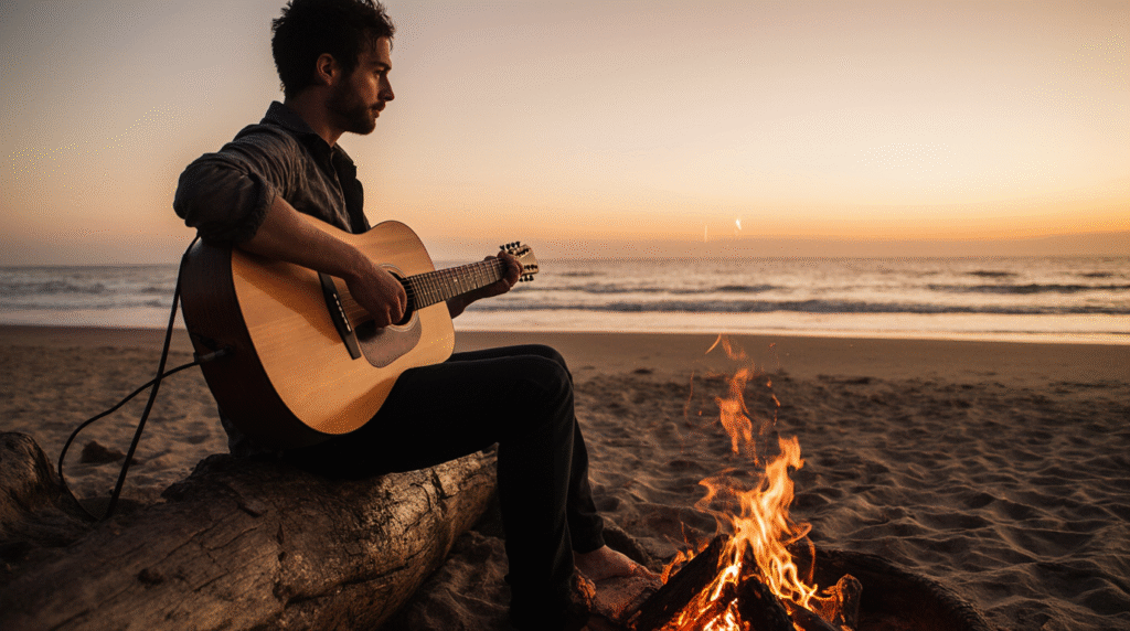 acoustic guitar campfire beach sunset