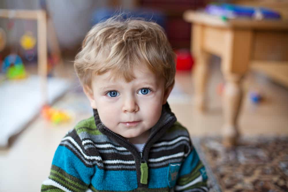 This is a blond two-year-old boy wearing a blue striped sweater.