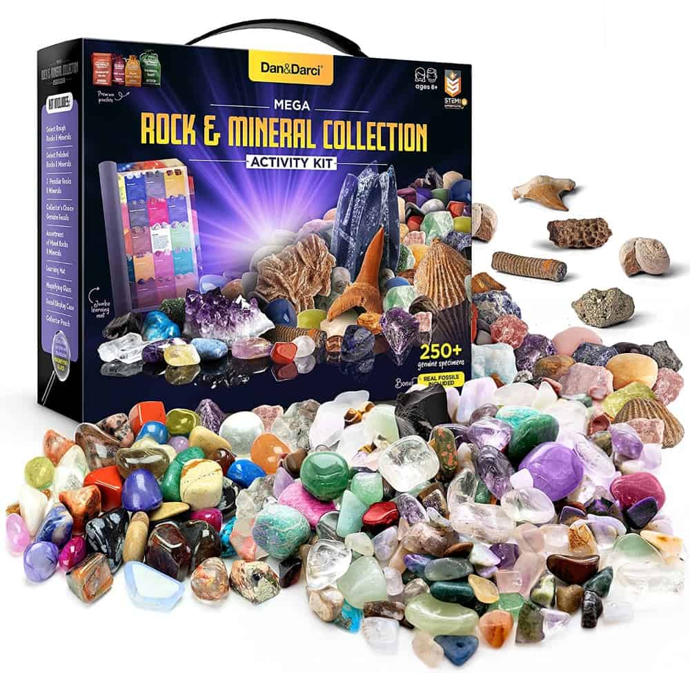 Dan&Darci Mega Rock, Fossil & Mineral Collection & Activity Kit. Rough Rocks, Polished Gems, Genuine Fossils & Real Minerals - Science Gift for Kids - Includes 250+ Real Specimens & Jumbo Learning Mat