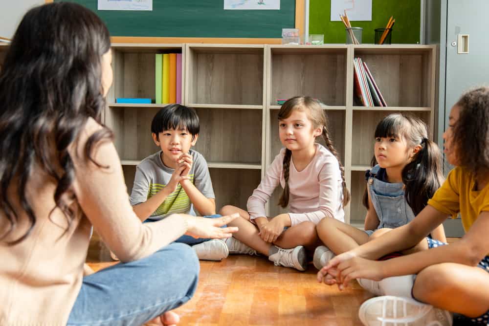 50 Best Music Activities for Kids 11 Teacher and students huddled around the classroom.