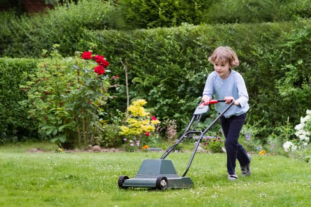 9 Best Chores for 10-12 Year Olds 8 Little boy operating the lawnmower in the garden.