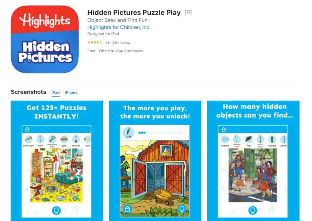 26 Popular Types of Puzzles for Kids 16 Screenshot of Hidden Pictures Puzzle Play app.