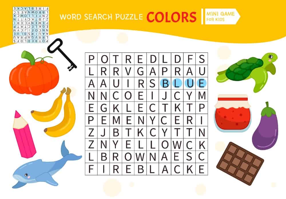 26 Popular Types of Puzzles for Kids 7 Word search puzzle with different colors for kids.