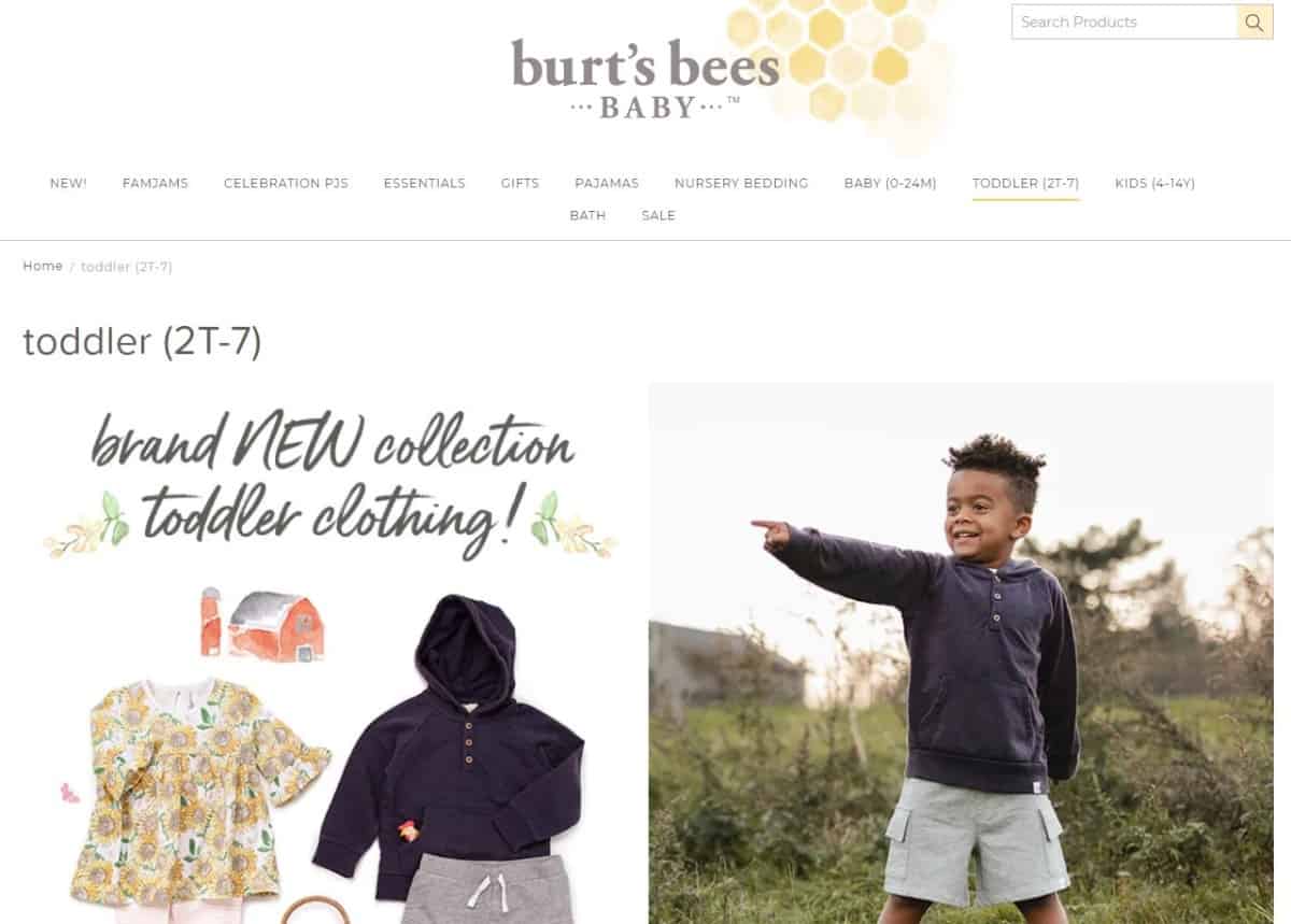 Screenshot of Burt's Bees Baby online clothing store.