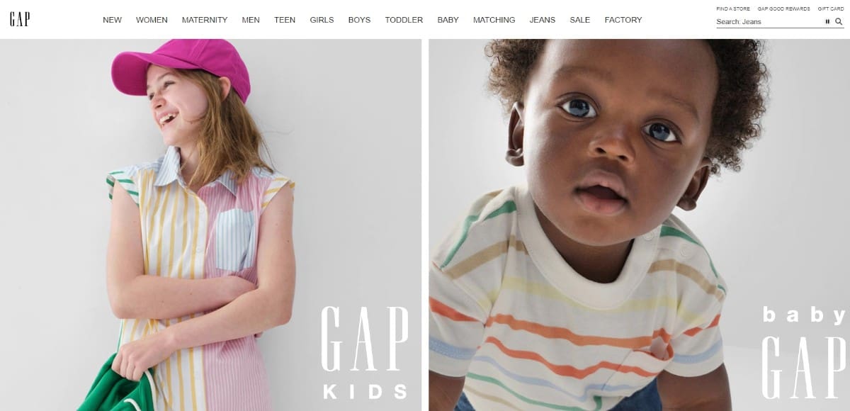 Screenshot of Gap online clothing store.