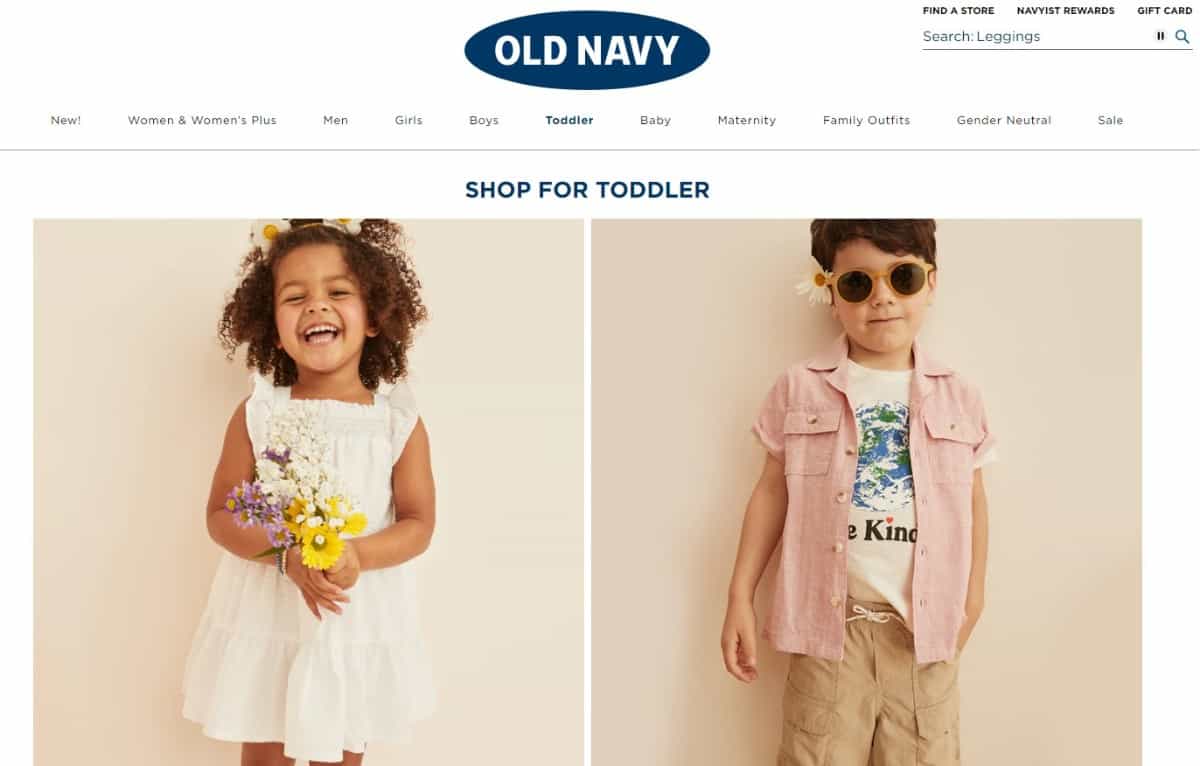 Screenshot of Old Navy online clothing store.