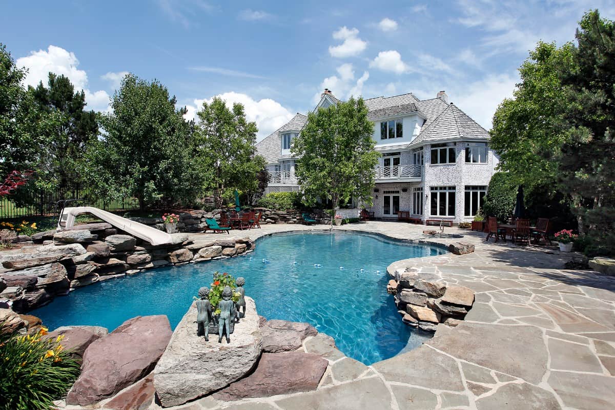 Saltwater pool with stone landscaping.