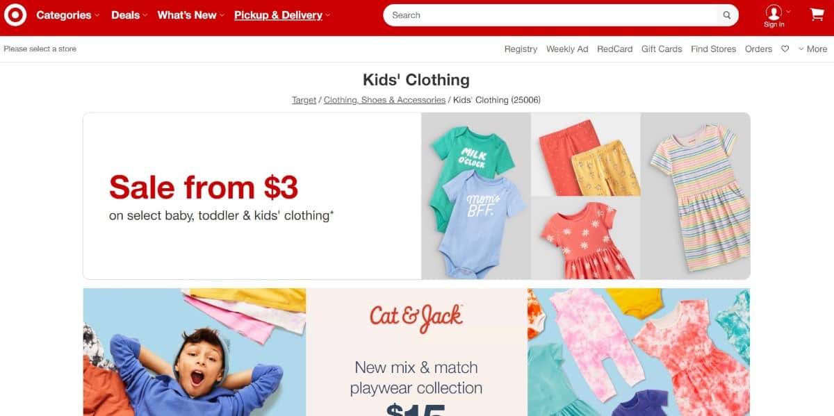 Screenshot of Target online clothing store.