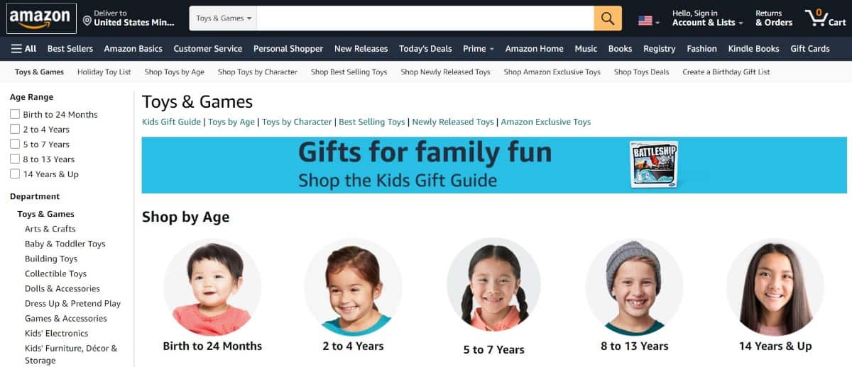 Screenshot of Amazon homepage.
