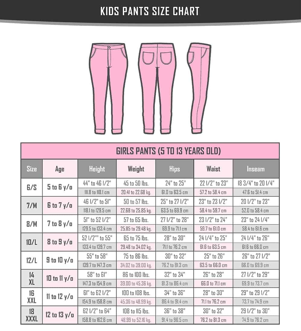 Girls pants size chart