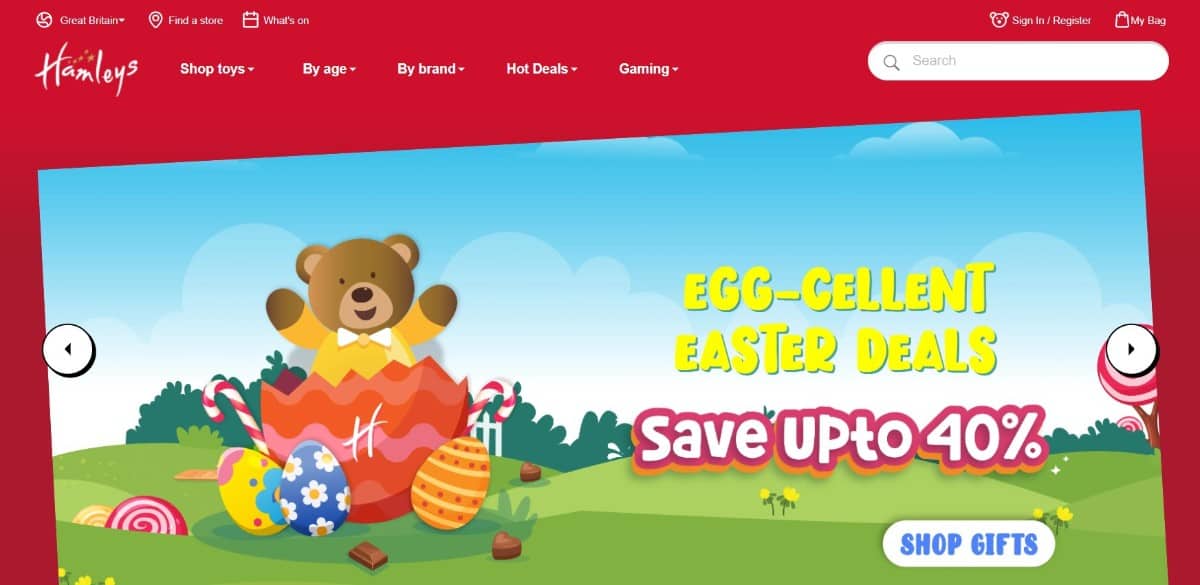 Screenshot of Hamleys homepage.
