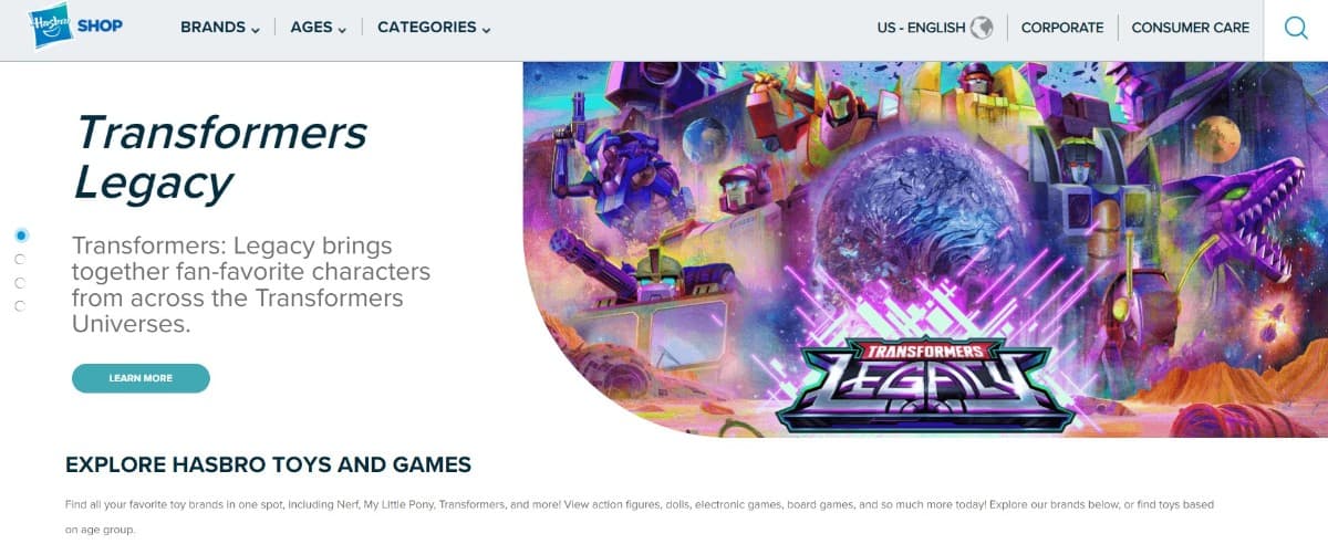 Screenshot of Hasbro Toy Shop homepage.