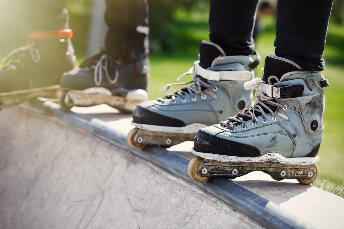 Closeup of inline skates.