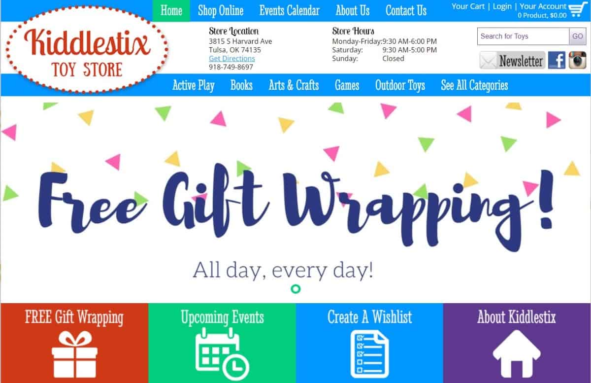 Screenshot of Kiddlestix Toy Store homepage.