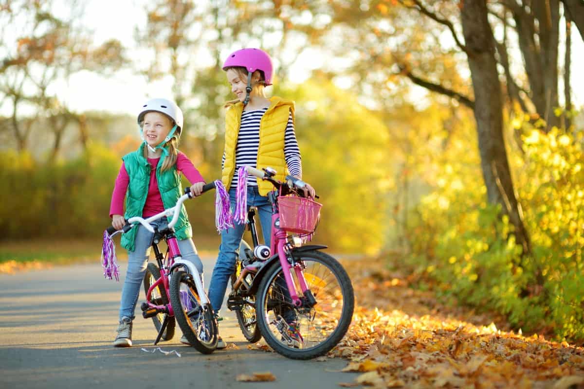 Sisters riding a bike in a park.