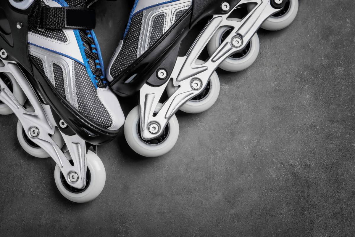 Closeup of rollerblades wheels.