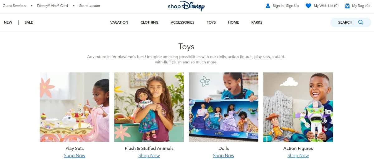 Screenshot of Disney Store homepage.