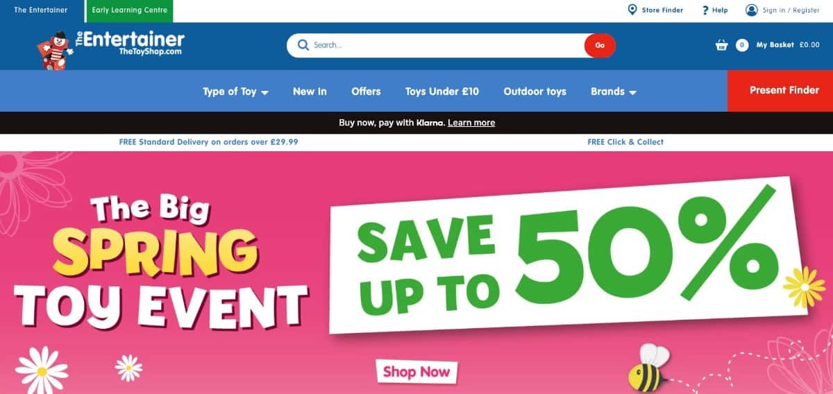 Screenshot of The Entertainer homepage.