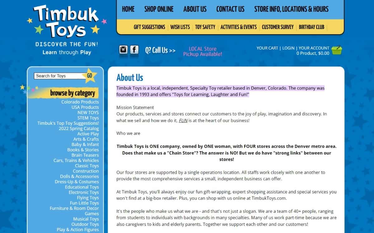 Screenshot of Timbuk Toys homepage.