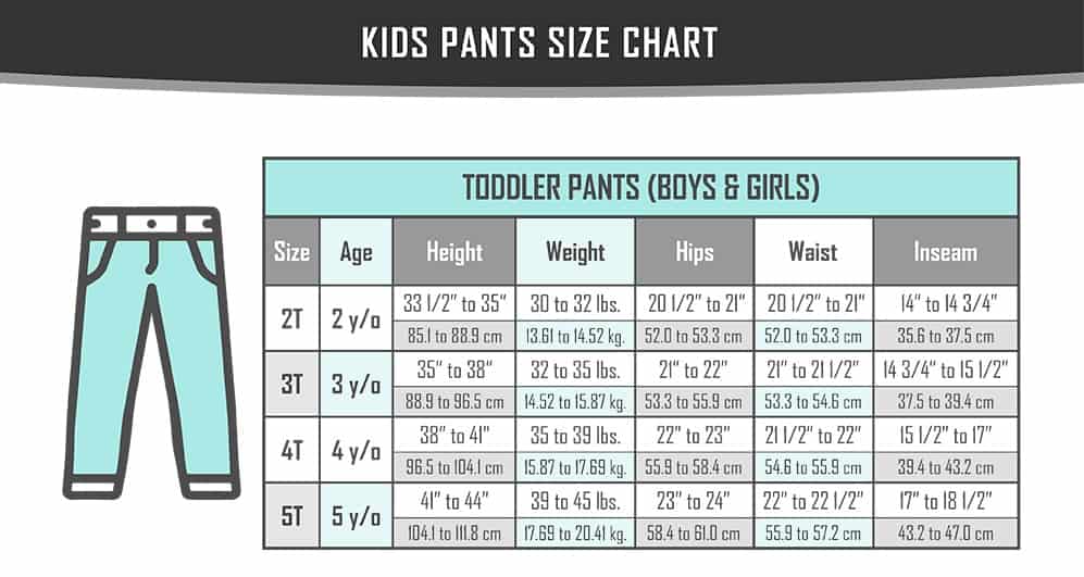Toddler pants for boys and girls chart.