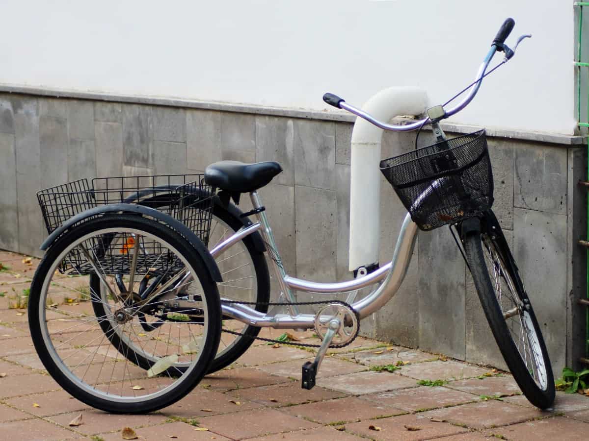 Tricycle with front and rear baskets.