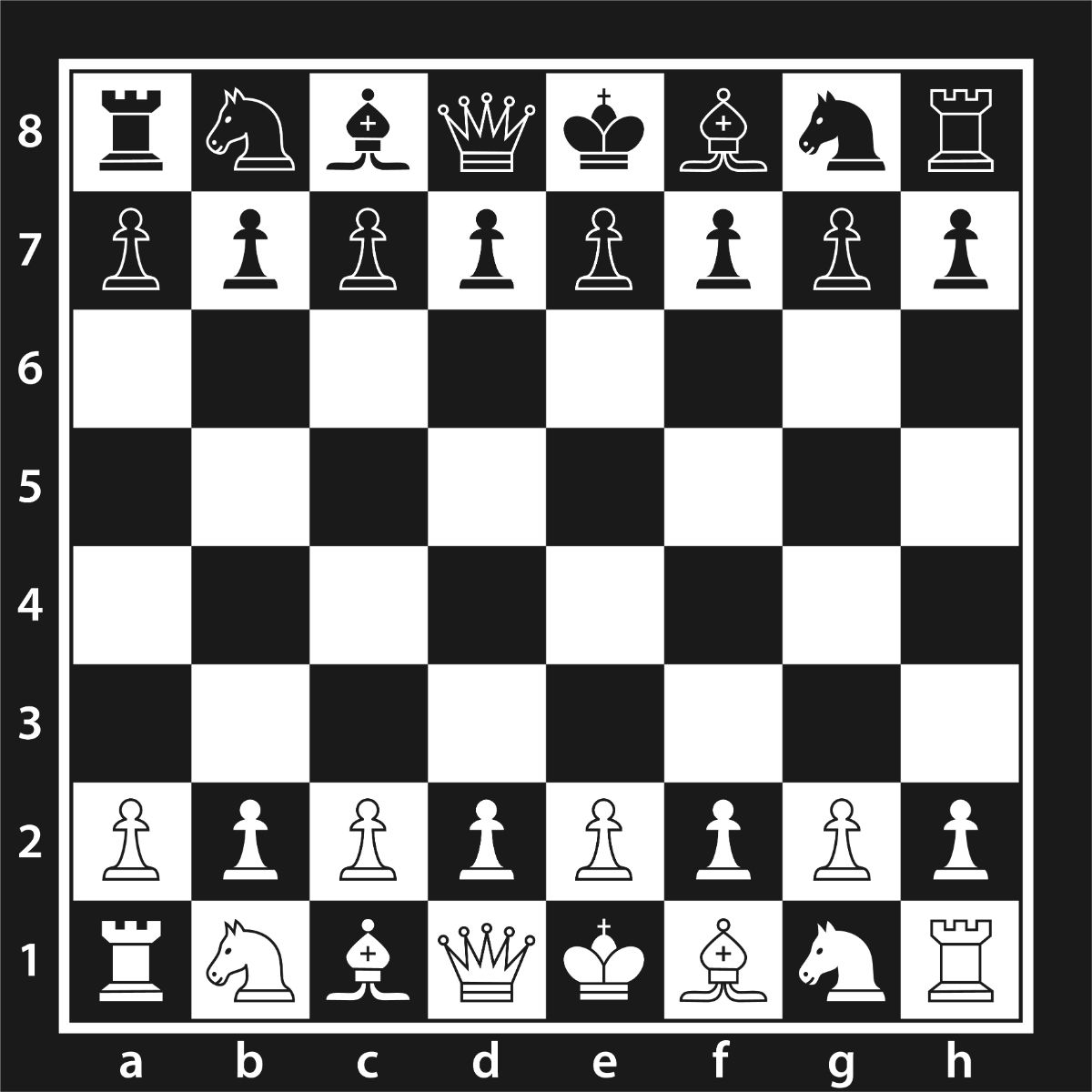 A set of vector chess pieces in black and white.