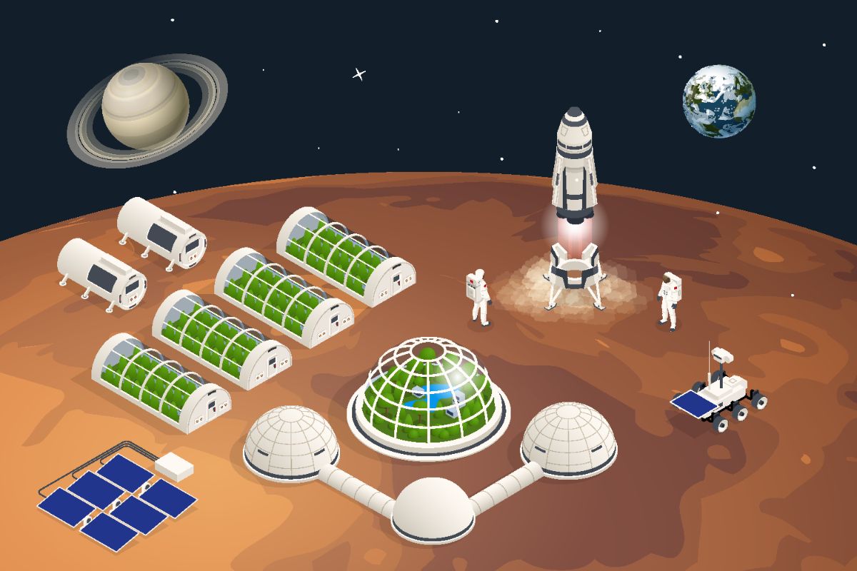 Terraforming Mars, Saturn and Earth on background.